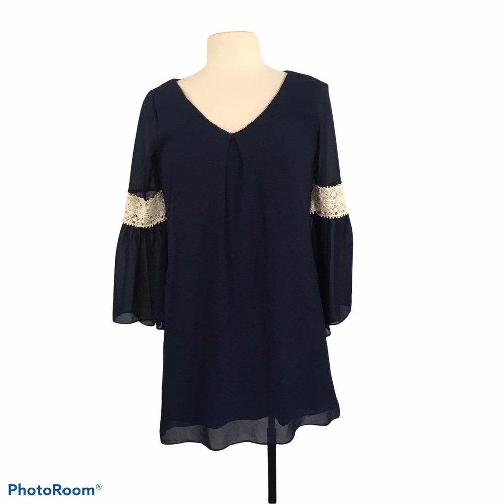 By and By Navy Blue Baby Doll Dress, Peasant, boho, Bell‎ Sleeves, size S
